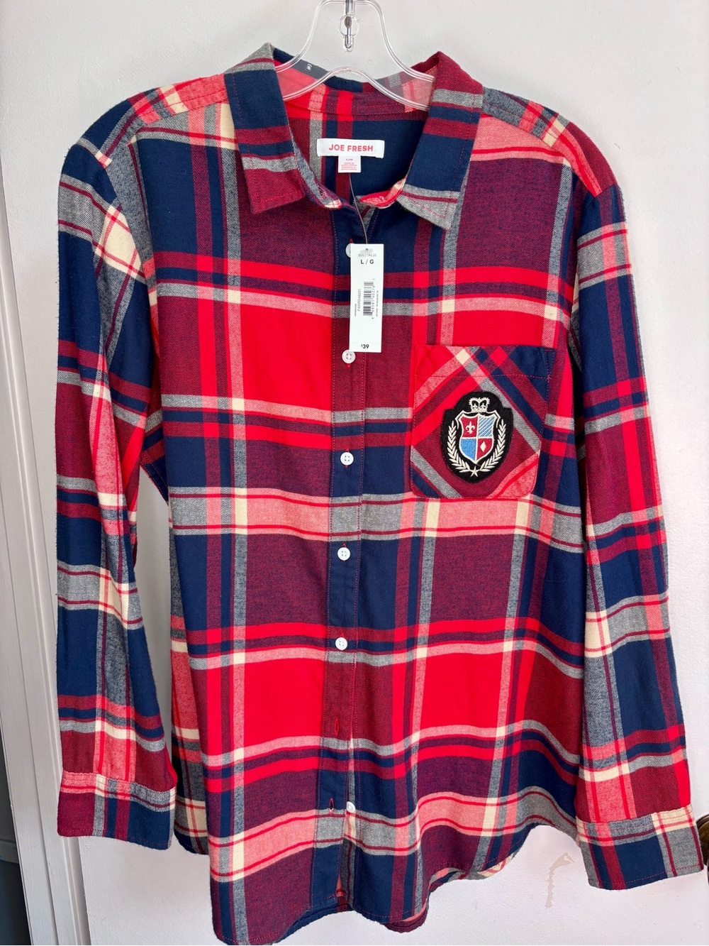 Joe Fresh Red and Navy Plaid Button-Up Shirt with Crest Pocket